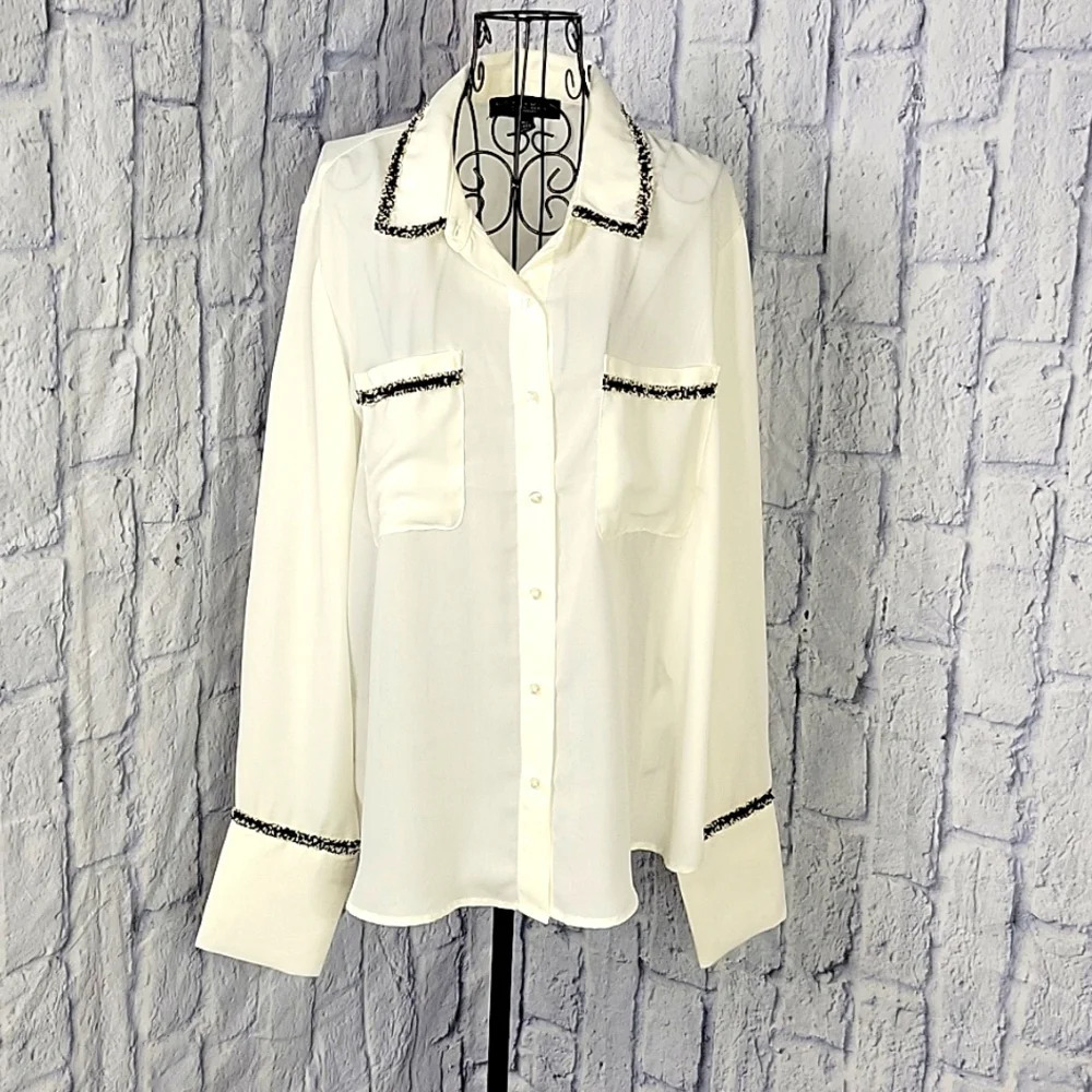 LAUNDRY BY SHELLI SEGAL Cream Distressed Ribbon Accents Button Up Blouse XL/TG
